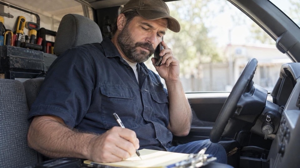 Handyman taking a job call in a truck