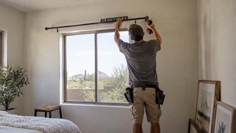 Handyman hanging a curtain rod